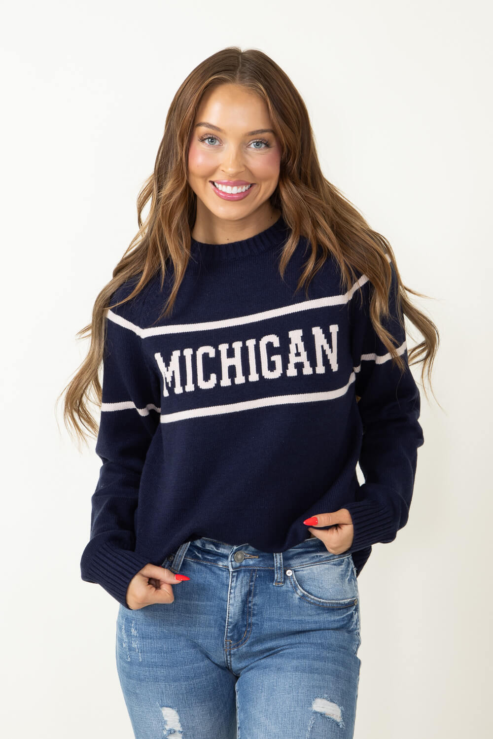 Thread & Supply Michigan Varsity Lettering Sweater for Women in Navy