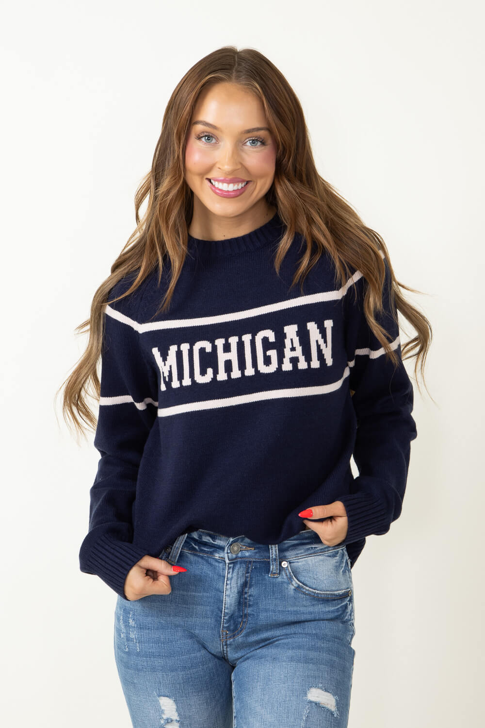 Thread & Supply Michigan Varsity Lettering Sweater for Women in Navy ...