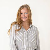 Thread & Supply Myla White Striped Button Up Shirt for Women in White Bay/Leaf