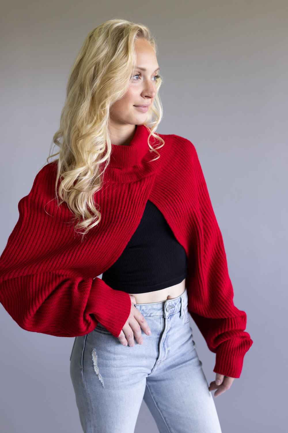 Turtleneck Shrug Bolero Sweater for Women in Red