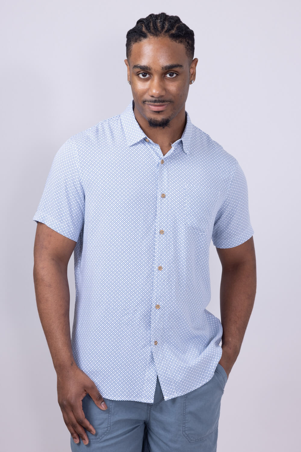 Union Venice Printed Rayon Button Up Shirt for Men in Blue