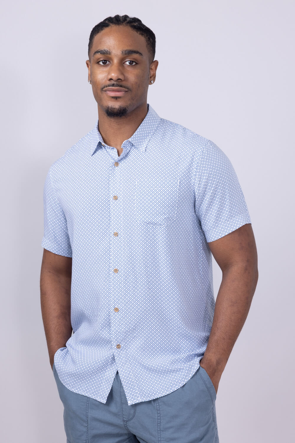 Union Venice Printed Rayon Button Up Shirt for Men in Blue