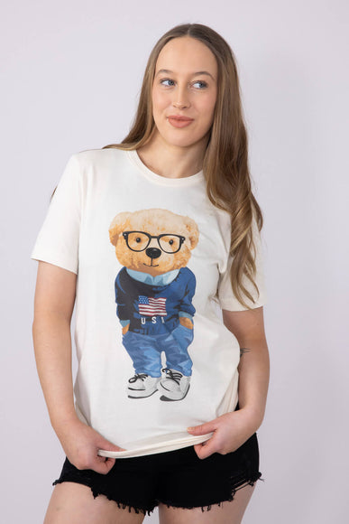 USA Teddy Bear Graphic T-Shirt for Women in Ivory