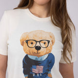 USA Teddy Bear Graphic T-Shirt for Women in Ivory