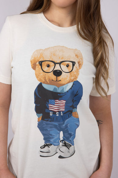 USA Teddy Bear Graphic T-Shirt for Women in Ivory