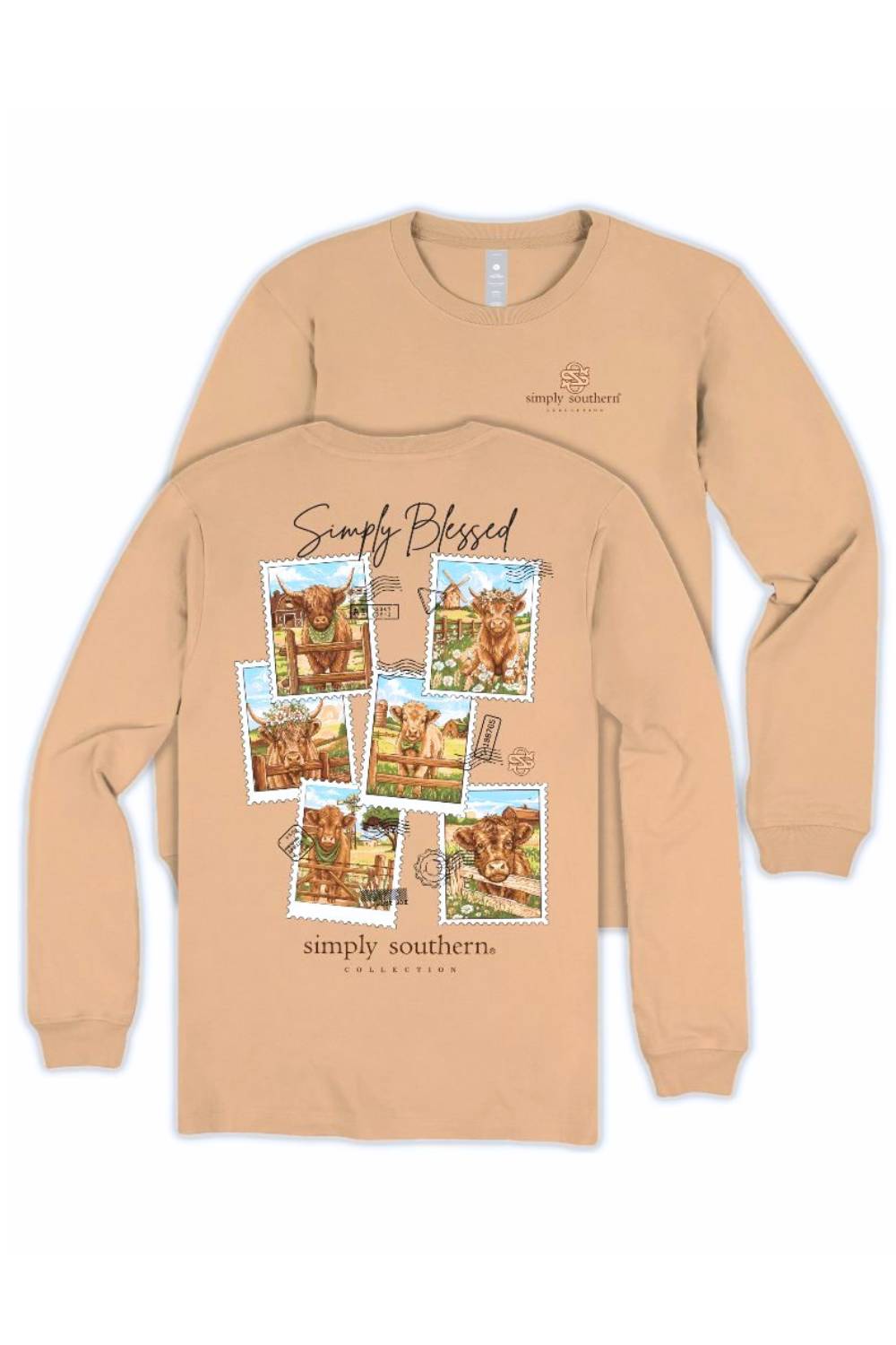 A tan long-sleeve crewneck t-shirt with a graphic collage of cow photos and the text 'Simply Blessed' and 'simply southern.' on the front, shown layered over a second view of the same shirt on a white background.