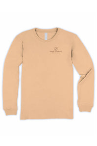 A-beige long-sleeve crewneck t-shirt with a small dark brown 'Simply Southern' logo printed on the left chest, displayed on a clean white background.