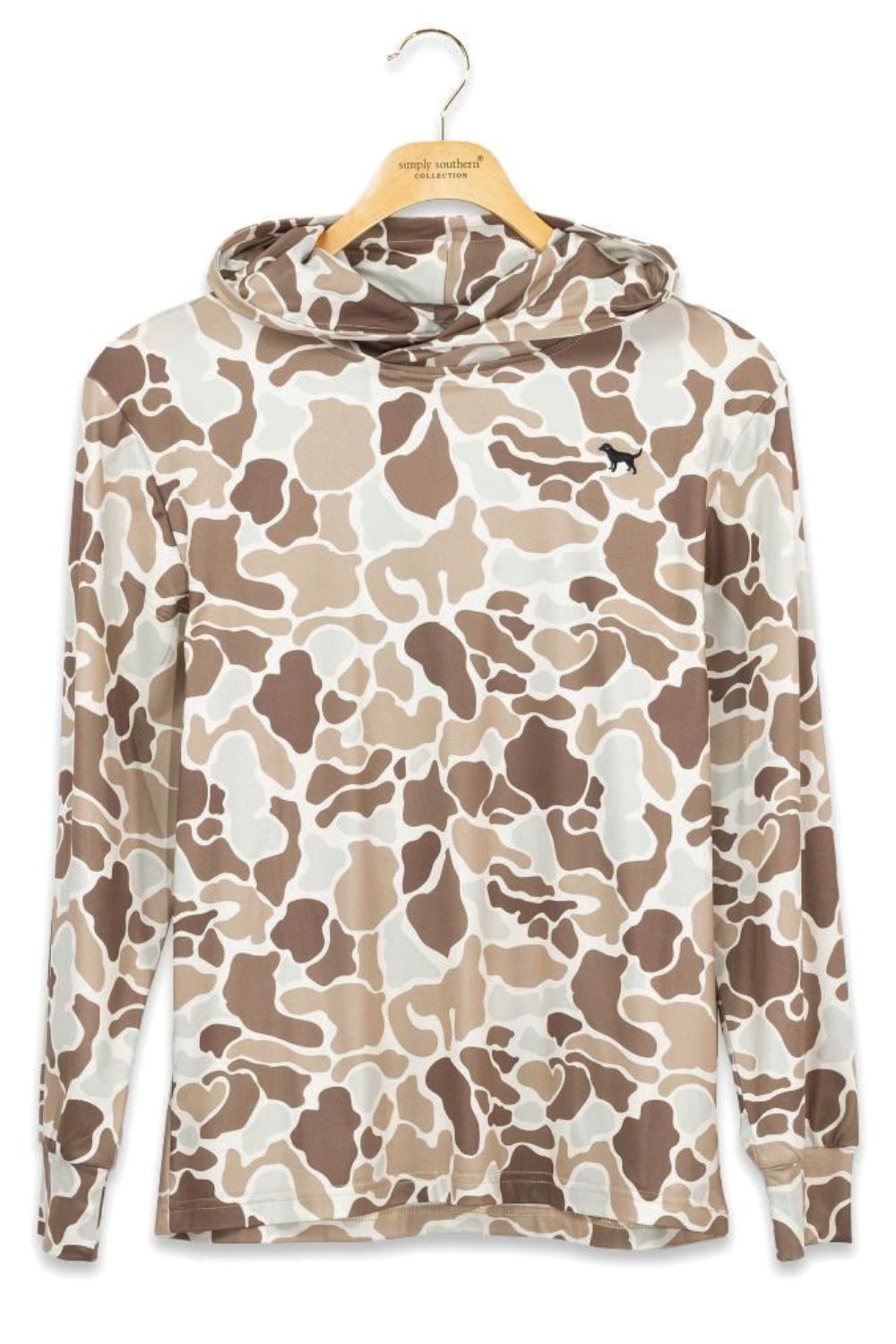 A hooded long-sleeve shirt with an all-over camouflage pattern in beige, brown, and off-white, hanging on a wooden hanger against a plain white background. A small black animal logo is visible on the left chest.