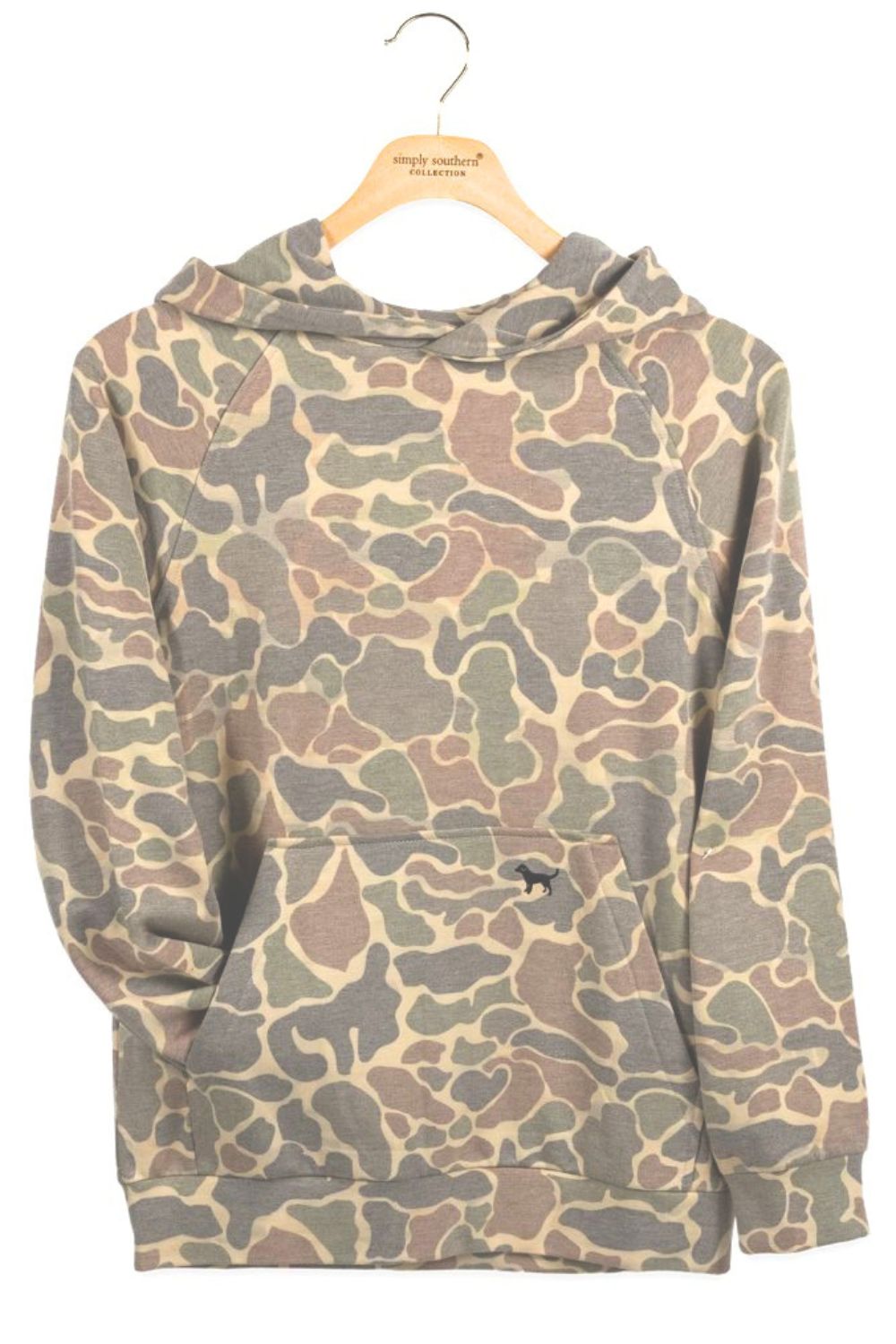 Camo print performance fabric hoodie, with embroidered dog logo on kangaroo pocket 
