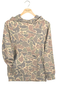 Camo print performance fabric hoodie, with embroidered dog logo on kangaroo pocket 