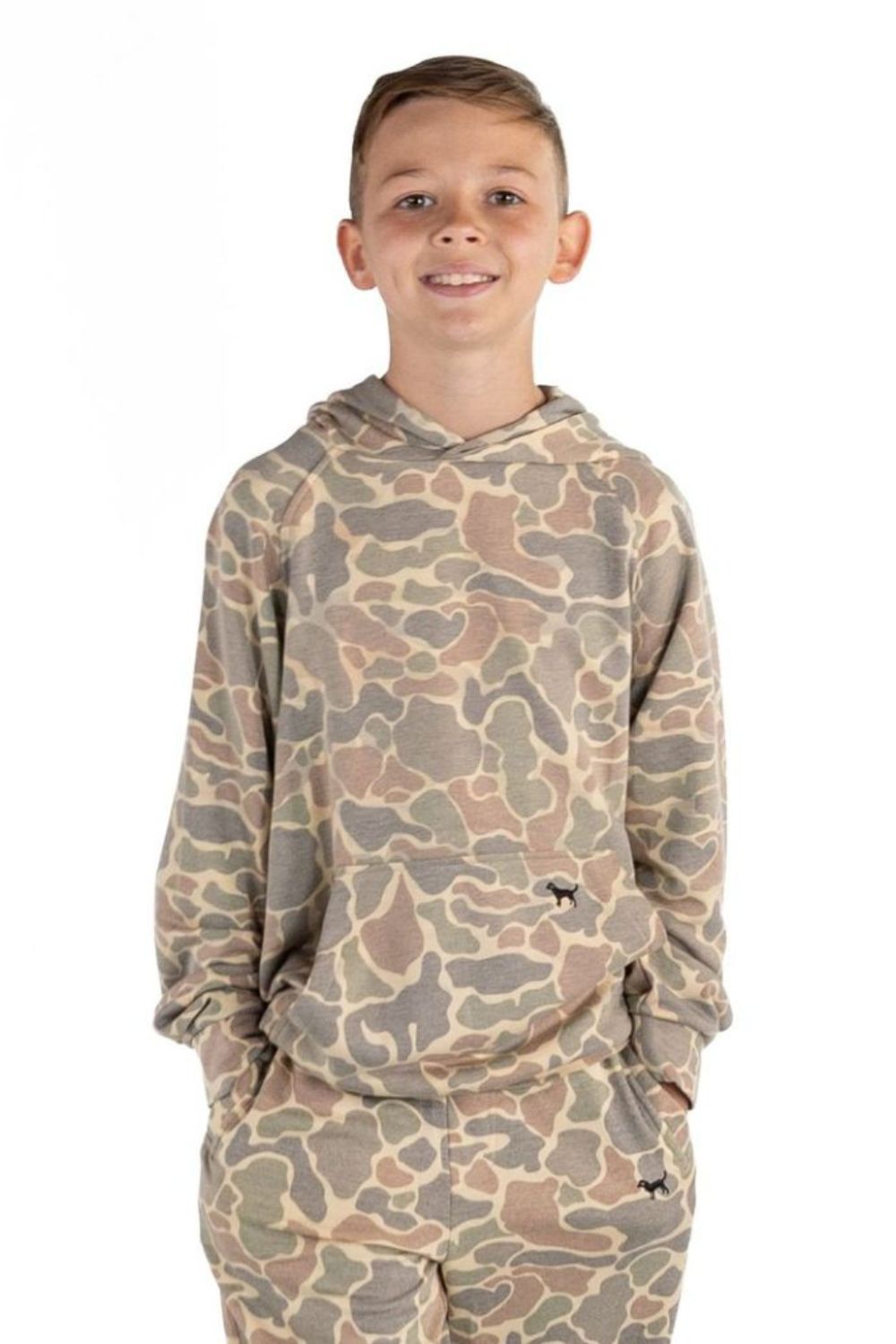 Camo print performance fabric hoodie, with embroidered dog logo on kangaroo pocket 