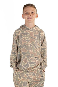 Camo print performance fabric hoodie, with embroidered dog logo on kangaroo pocket 