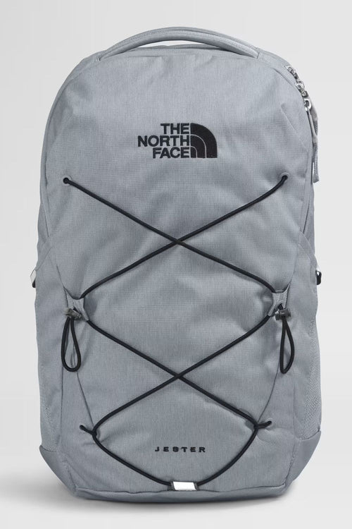 heather gray and metallic silver north face backpack The Jester The pack stands on its own for easy loading and unloading of essentials The North Face JESTER Backpack