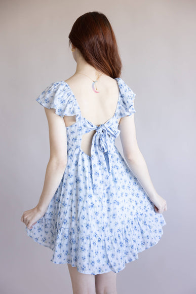 Floral Flutter Sleeve Dress for Women in Sky Blue