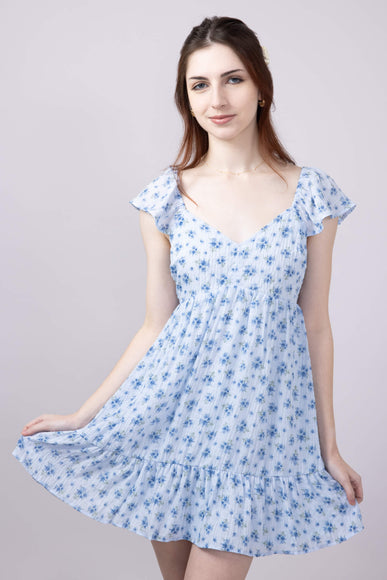 Floral Flutter Sleeve Dress for Women in Sky Blue