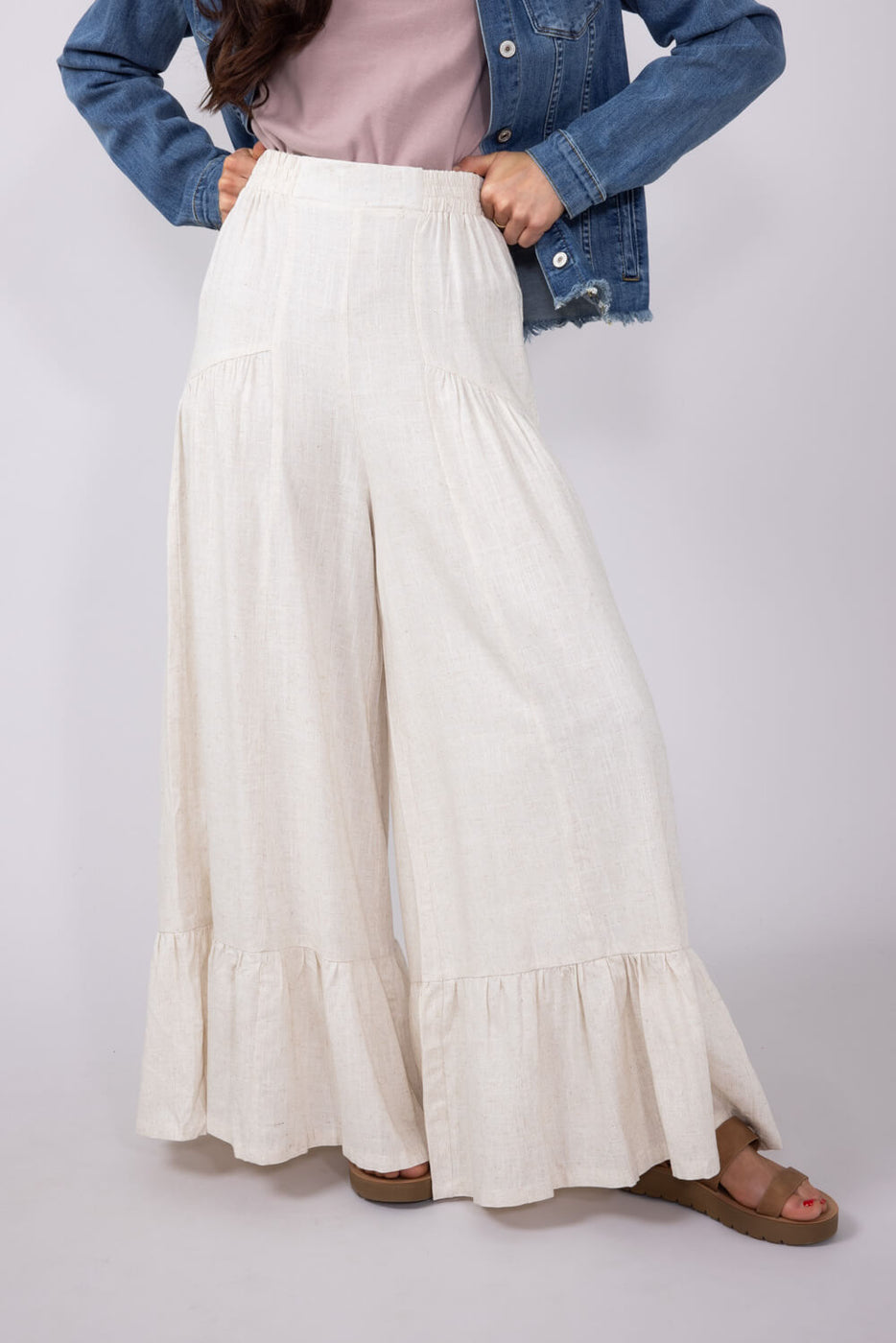 Linen Tiered Wide Leg Pants for Women in Oatmeal | NP70692