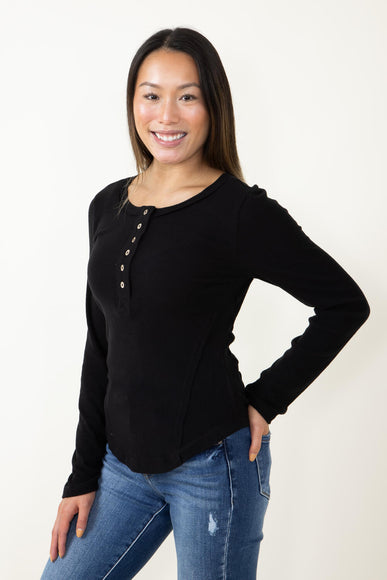 Soft Brushed Henley Knit Top for Women in Black