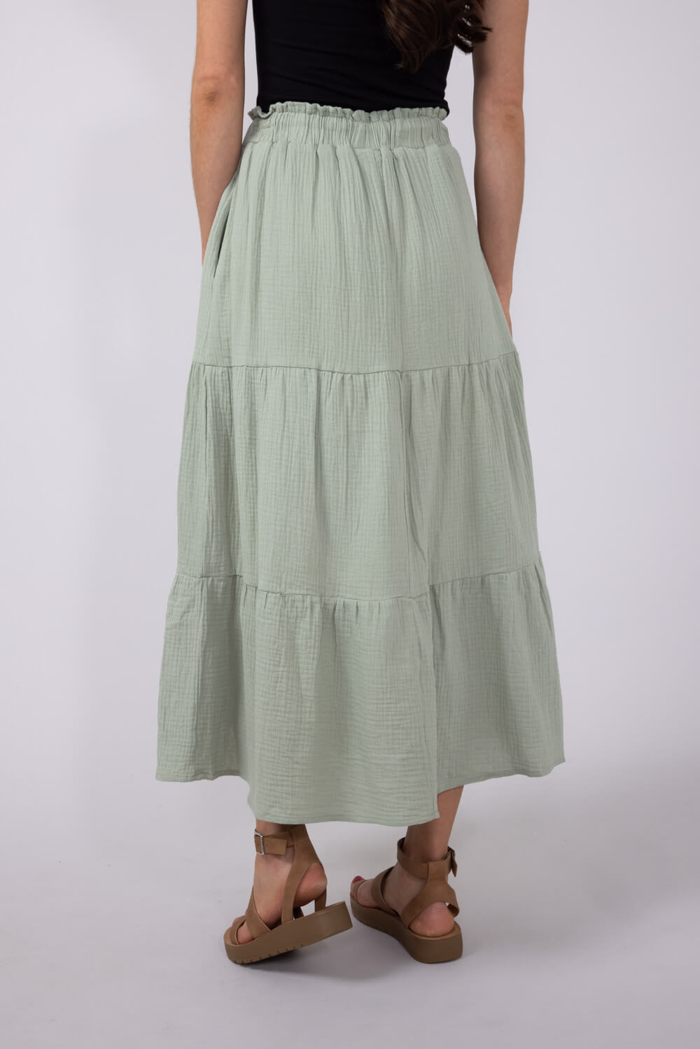 Tiered Gauze Drawstring Midi Skirt for Women in Sage