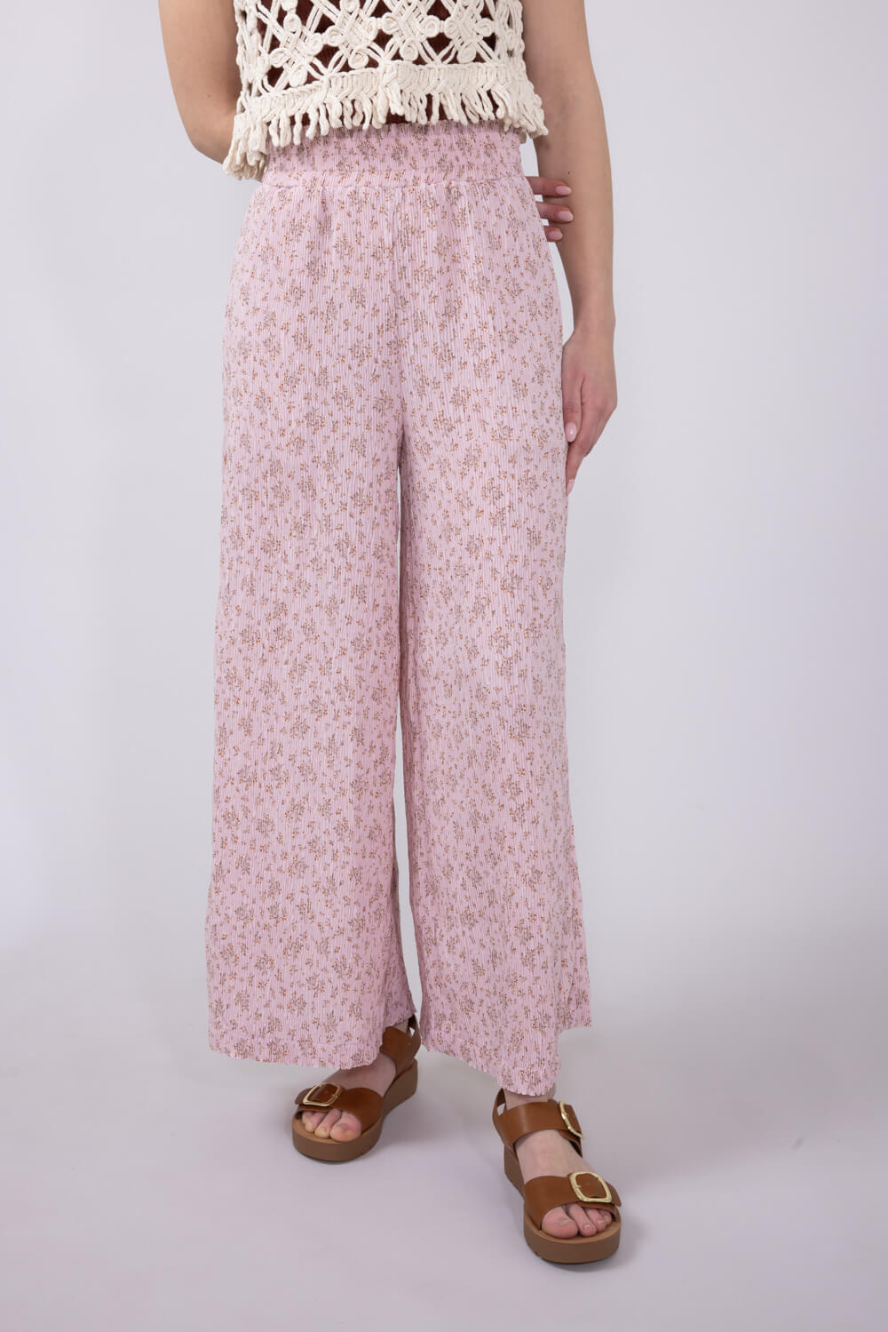 Ditsy Floral Smocked Waist Wide Leg Pants for Women in Blush Floral