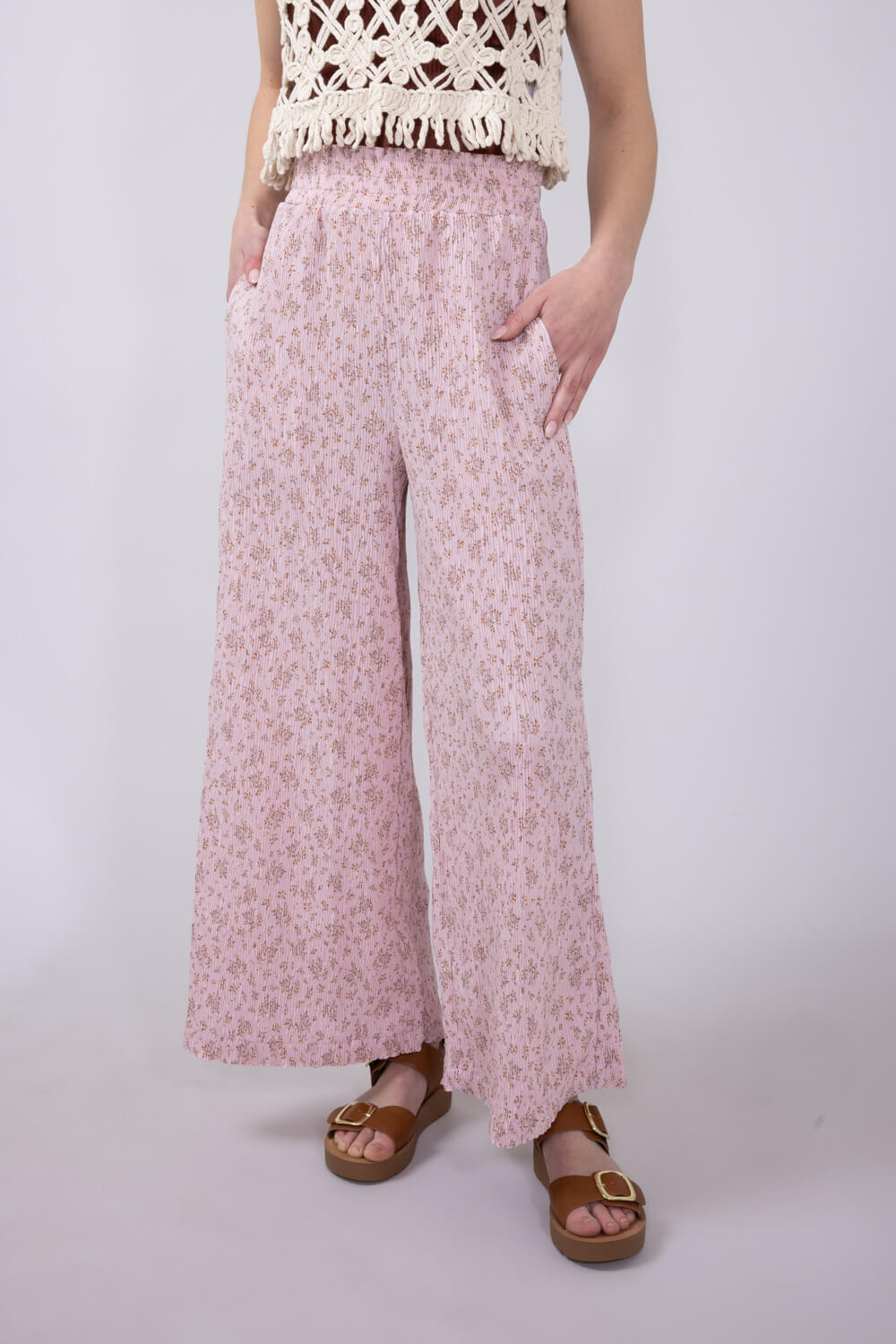 Ditsy Floral Smocked Waist Wide Leg Pants for Women in Blush Floral