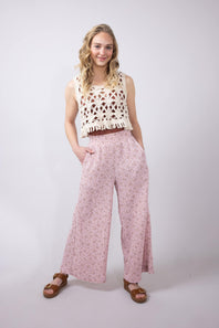 Ditsy Floral Smocked Waist Wide Leg Pants for Women in Blush Floral