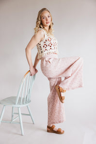 Ditsy Floral Smocked Waist Wide Leg Pants for Women in Blush Floral