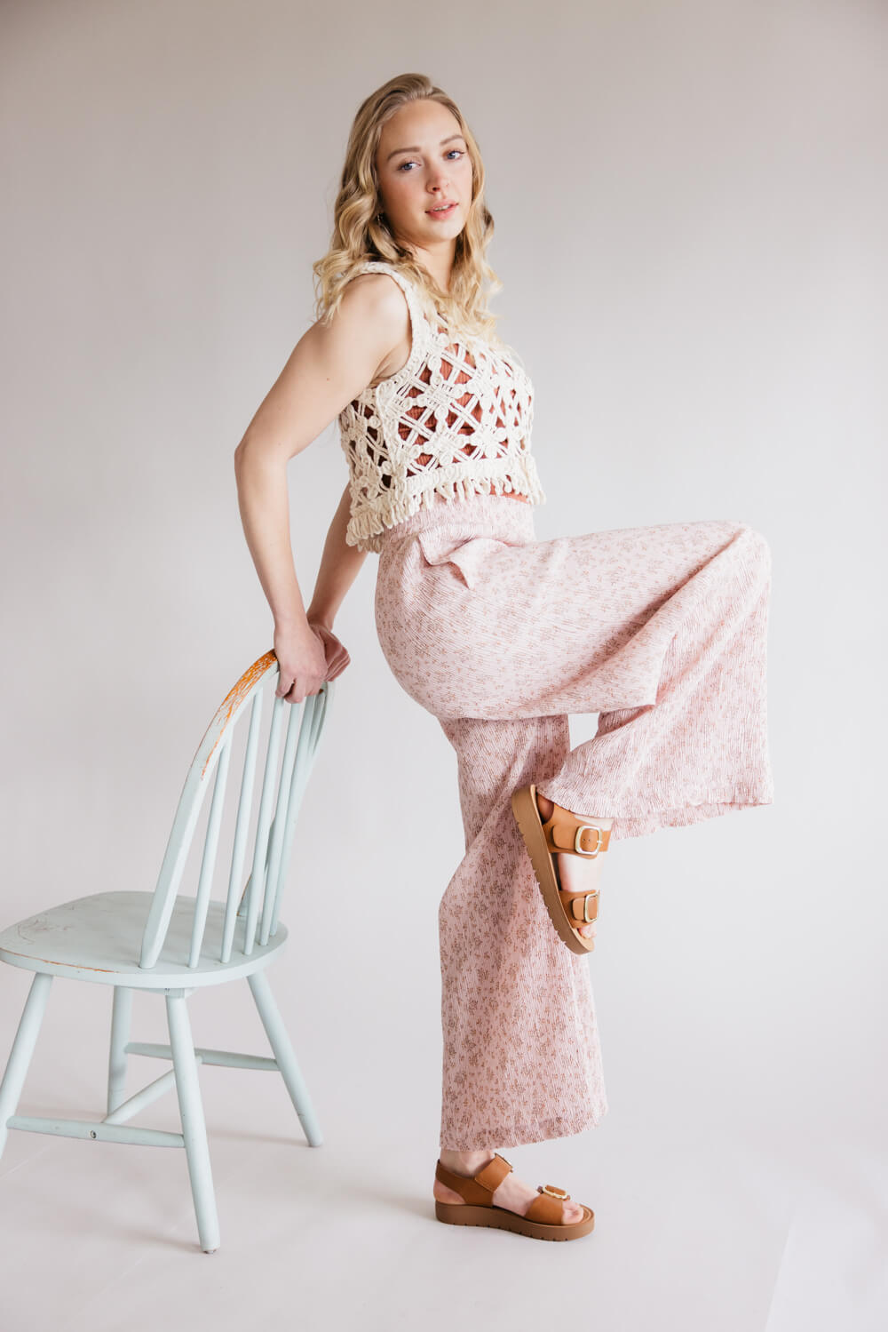 Ditsy Floral Smocked Waist Wide Leg Pants for Women in Blush Floral