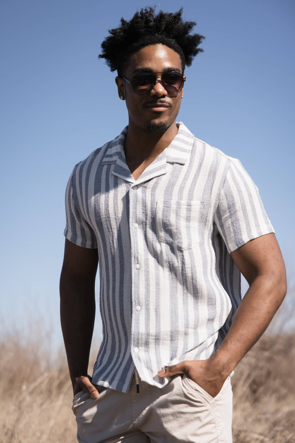 Vintage Summer Basket Weave Button Down Shirt for Men in Navy