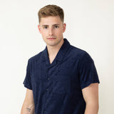 Vintage Summer Towel Terry Button Down Shirt for Men in Navy