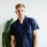Vintage Summer Towel Terry Button Down Shirt for Men in Navy