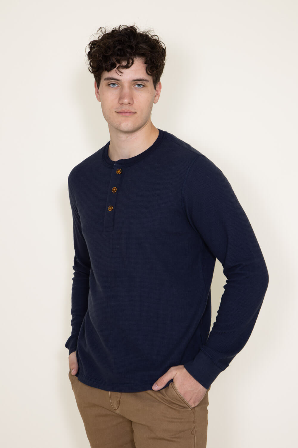 Long Sleeve Waffle Henley Shirt for Men in Navy