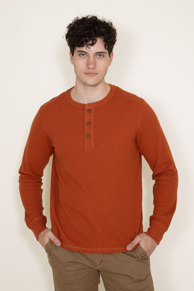 Long Sleeve Waffle Henley Shirt for Men in Orange