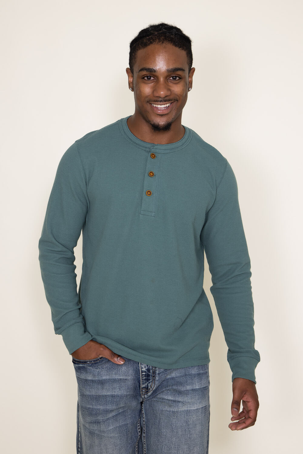 Long Sleeve Waffle Henley Shirt for Men in Pine