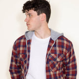 WearFirst Zip Front Flannel Hooded Shirt Jacket for Men in Red