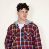 WearFirst Zip Front Flannel Hooded Shirt Jacket for Men in Red