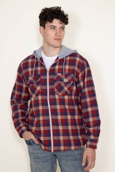 WearFirst Zip Front Flannel Hooded Shirt Jacket for Men in Red