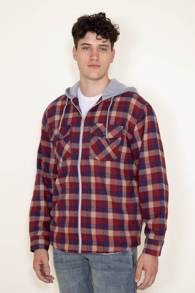 WearFirst Zip Front Flannel Hooded Shirt Jacket for Men in Red