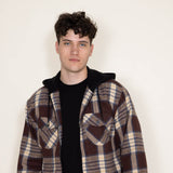 WearFirst Zip Front Flannel Hooded Shirt Jacket for Men in Brown