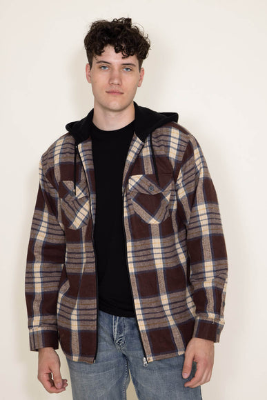 WearFirst Zip Front Flannel Hooded Shirt Jacket for Men in Brown