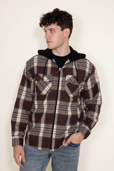 WearFirst Zip Front Flannel Hooded Shirt Jacket for Men in Brown
