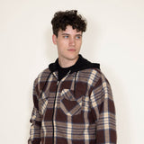 WearFirst Zip Front Flannel Hooded Shirt Jacket for Men in Brown
