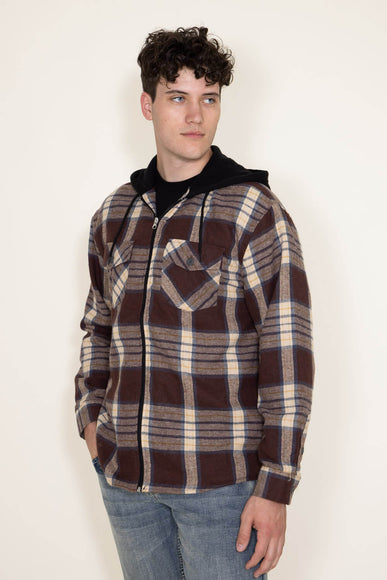 WearFirst Zip Front Flannel Hooded Shirt Jacket for Men in Brown