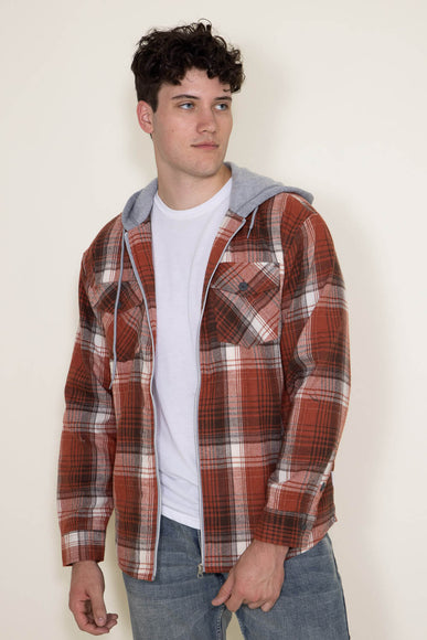 WearFirst Zip Front Flannel Hooded Shirt Jacket for Men in Orange