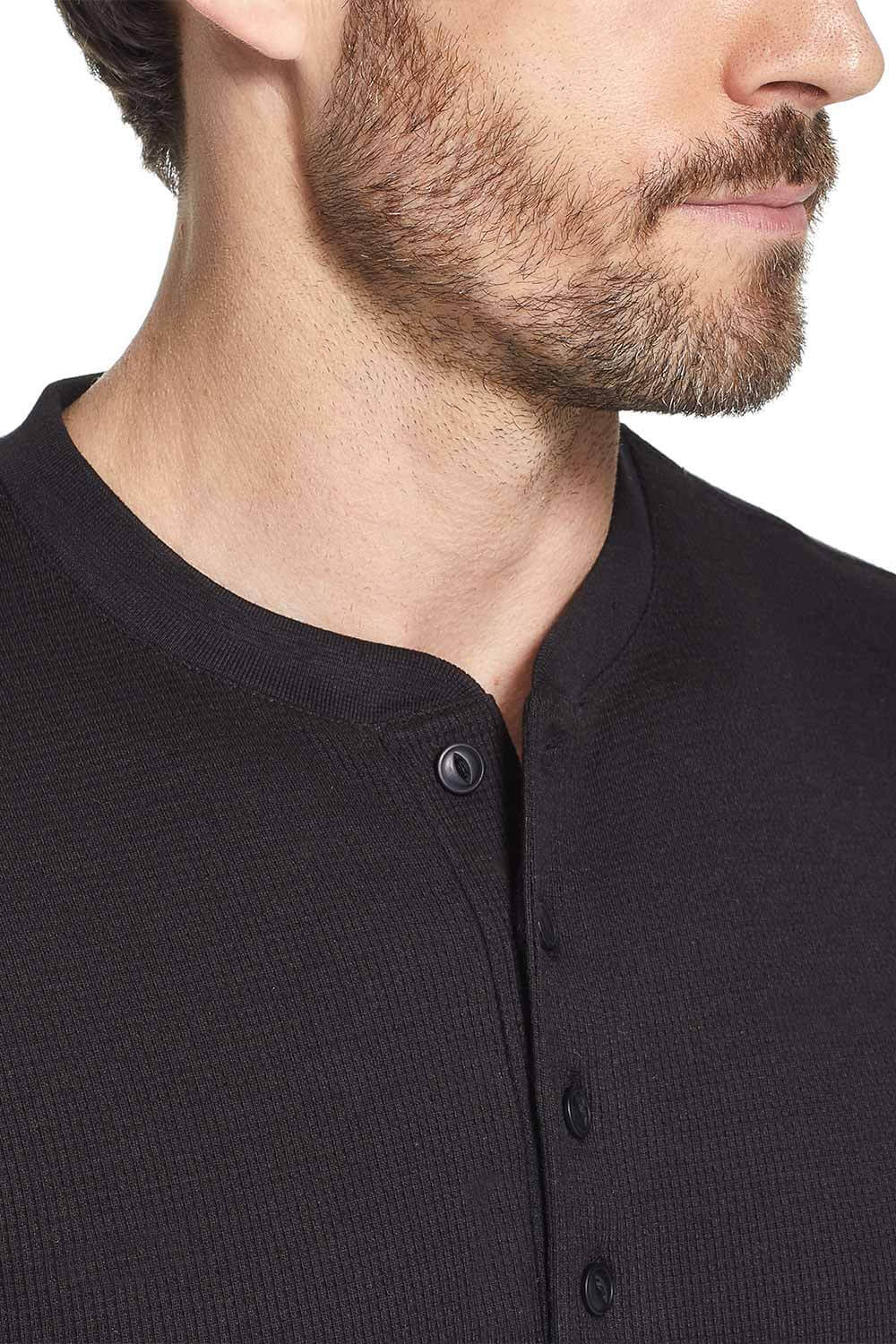 Weatherproof Vintage Waffle Button Henley Thermal Long Sleeve Shirt for Men in Black