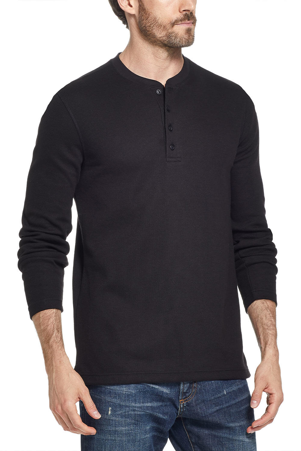 Weatherproof Vintage Waffle Button Henley Thermal Long Sleeve Shirt for Men in Black
