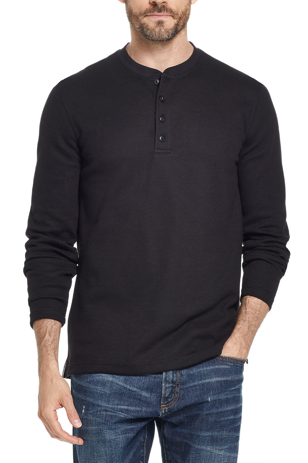 Weatherproof Vintage Waffle Button Henley Thermal Long Sleeve Shirt for Men in Black