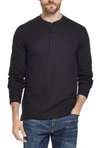 Weatherproof Vintage Waffle Button Henley Thermal Long Sleeve Shirt for Men in Black