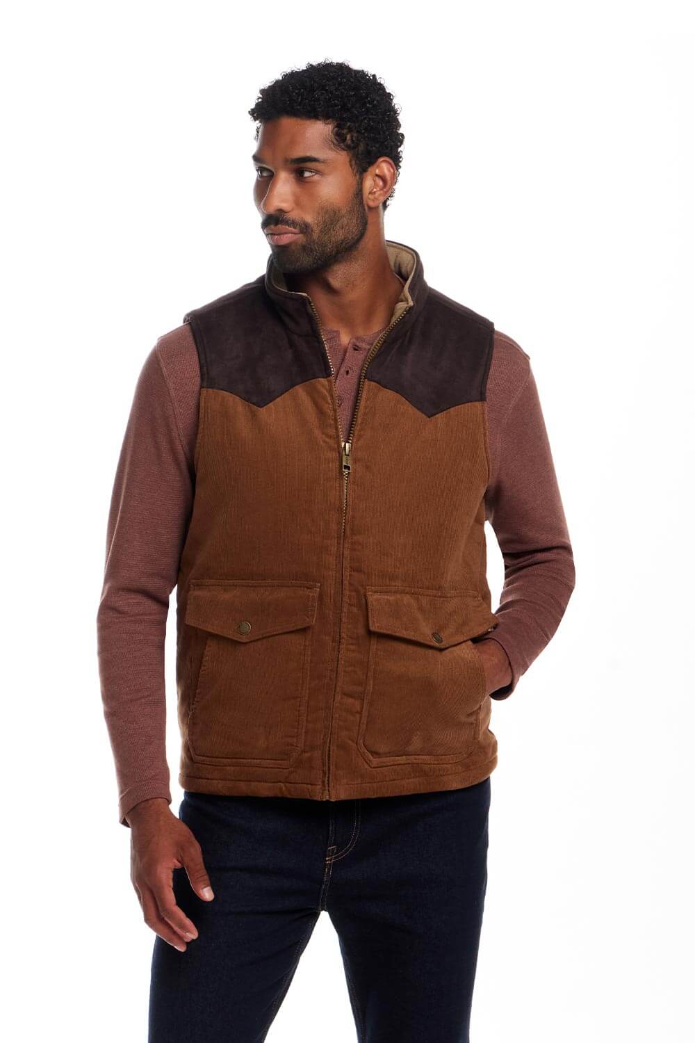Weatherproof Vintage Corduroy and Faux Suede Vest for Men in Brown