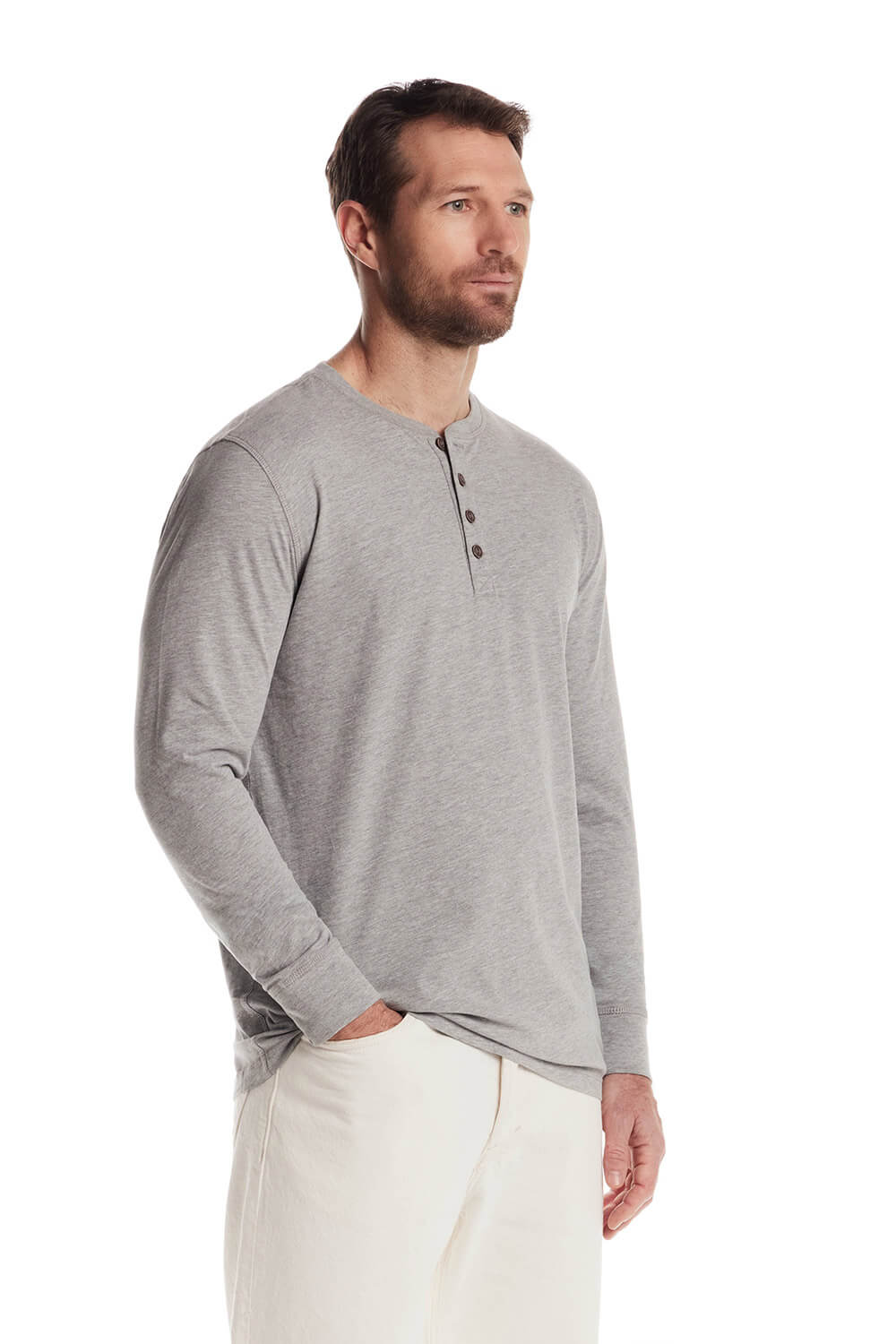 Weatherproof Vintage Long Sleeve Jersey Henley Shirt for Men in Light Grey Heather