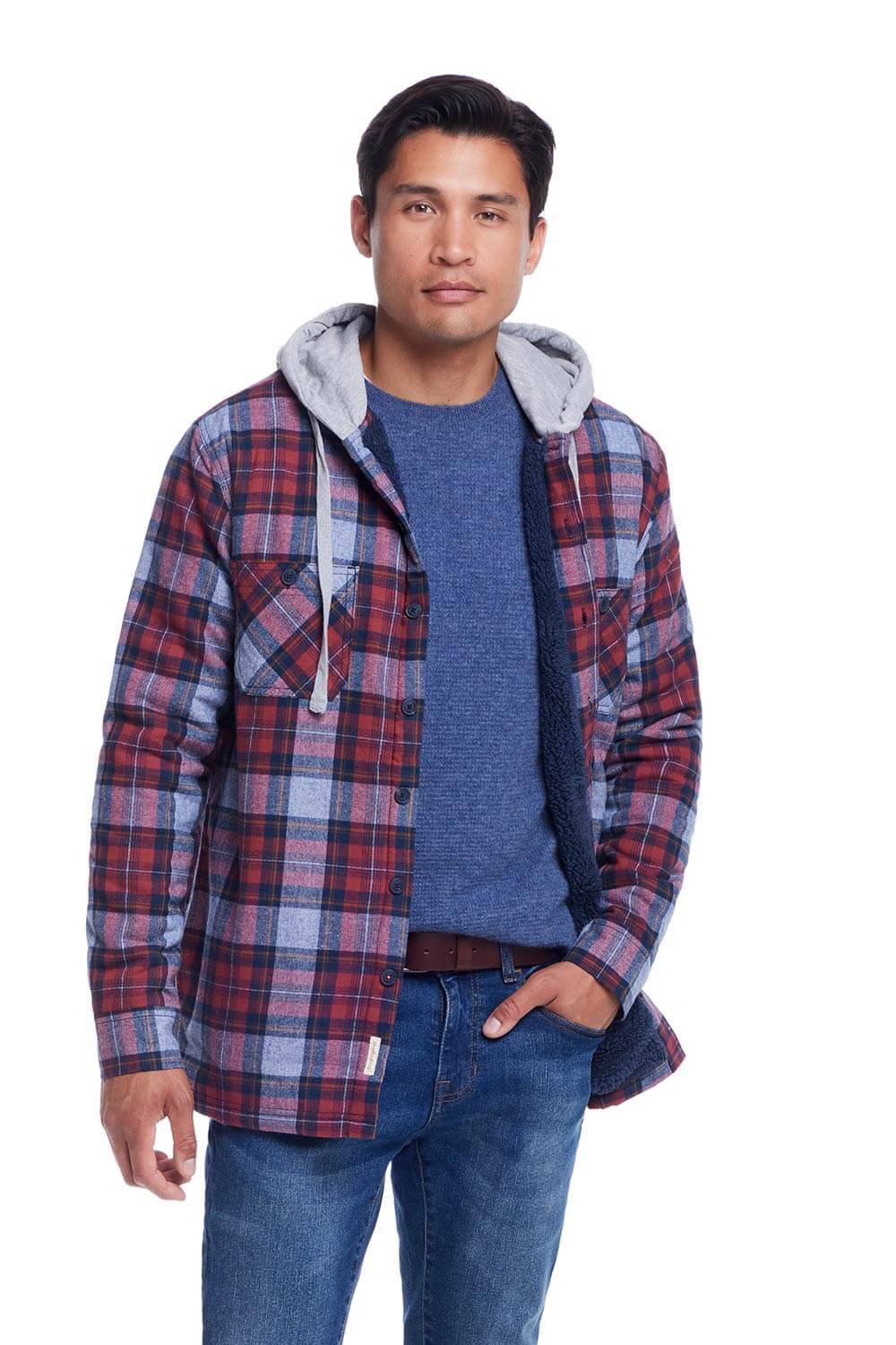 Weatherproof Vintage Sherpa Lined Hooded Shirt Jacket for Men in Brick